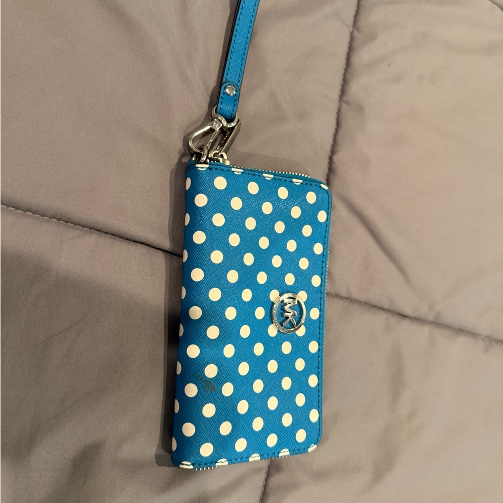 Michael Kors Blue and White Polka Dot Wristlet